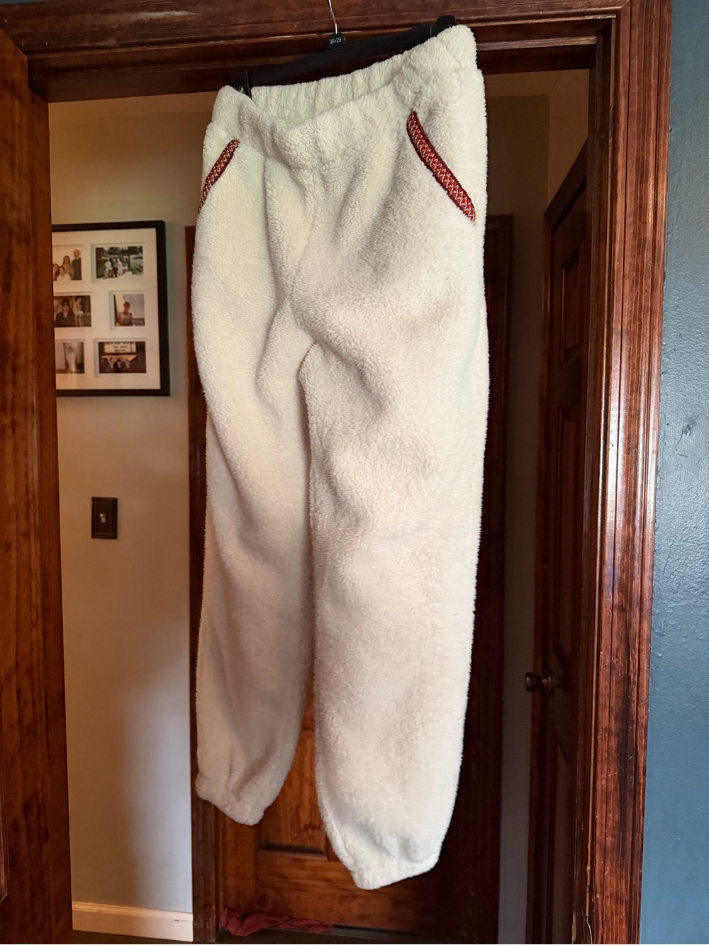 UGG Cream Sherpa Fleece Jogger Pants with Red Trim - Picture 1 of 2